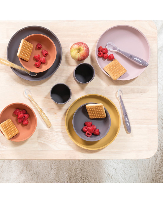 SILICON. Σετ φαγητού 2 τεμαχίων πιάτο-κουτάλι (πορτοκαλί-μωβ μελιτζάνας)